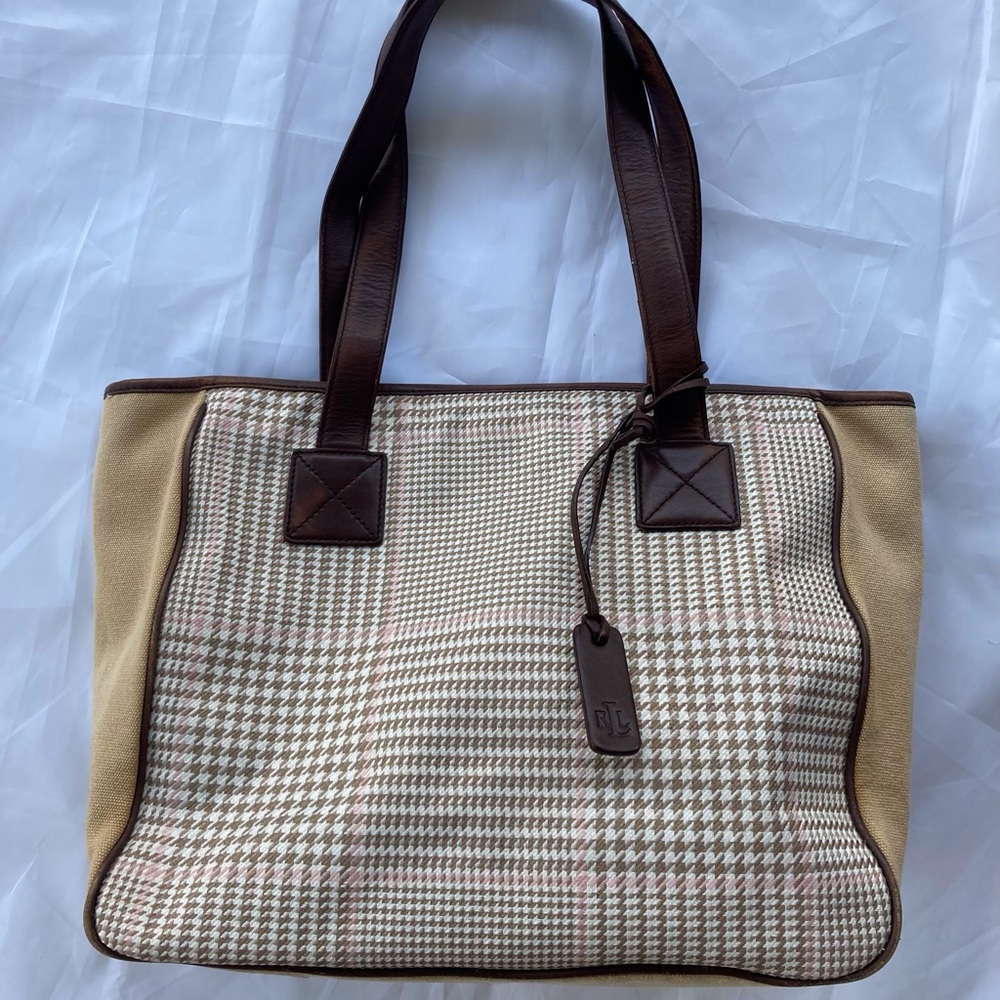 LAUREN RALPH LAUREN HOUNDSTOOTH CHECK CANVAS AND LEATHER LARGE TOTE BAG VINTAGE